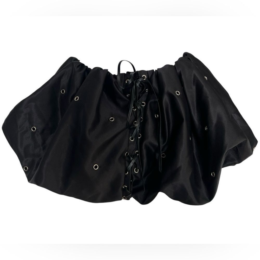 Black Satin Bubble Mini Skirt with Lace-Up Detail Size S